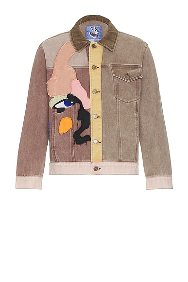 KidSuper Patchwork Face Colorblocked Twill Jacket in Brown & Multi