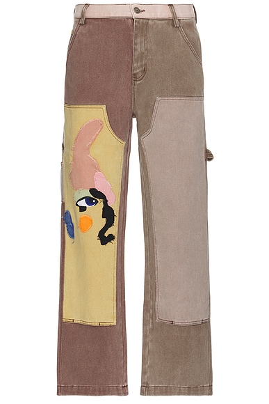 KidSuper Patchwork Face Double Knee Pants in Brown & Multi