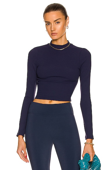 KORAL Luca Rib Long Sleeve Crop Top in Midnight Blue | FWRD