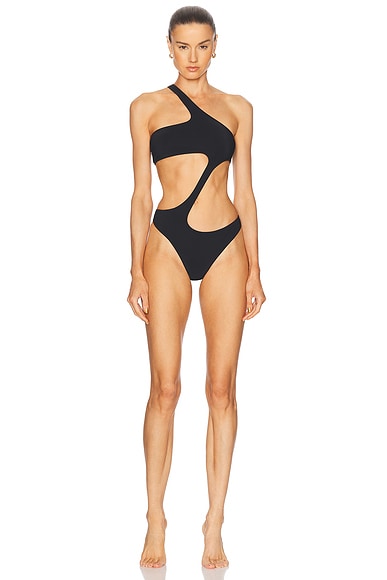 La Sirene One Shoulder Asymmetrical Thong One Piece Swimsuit in Black