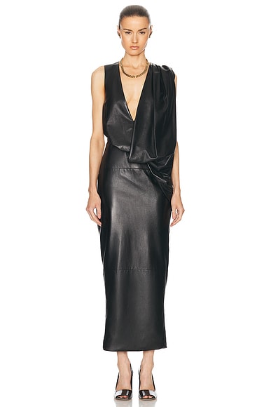 KHAITE Reed Leather Dress in Black