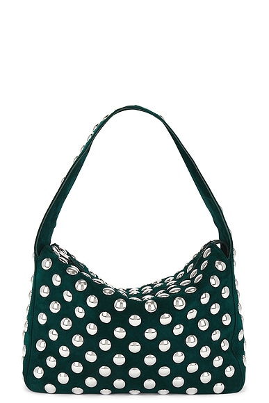 KHAITE Elena Suede Studded Shoulder Bag in English Green & Silver