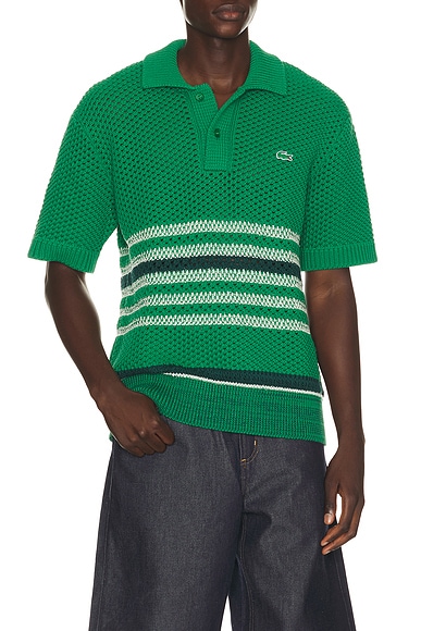 Lacoste Runway Lacy Striped Polo Collar Sweater in Roquette & Multico