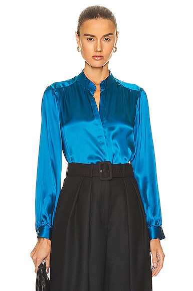 L'AGENCE Bianca Band Collar Blouse in Teal