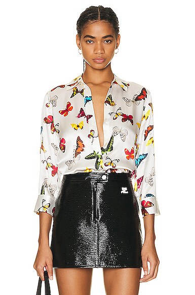 L'AGENCE Dani 3/4 Sleeve Blouse in White With Multi Butterflies | FWRD