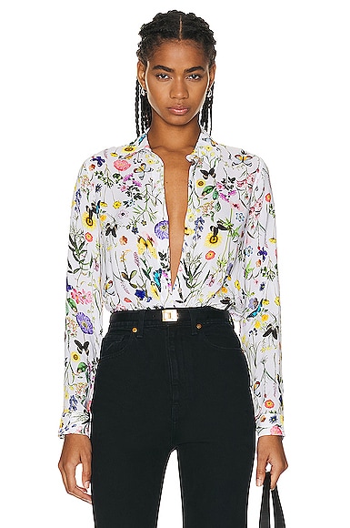 L'AGENCE Holly Long Sleeve Blouse in White Multi Butterfly Botanical | FWRD