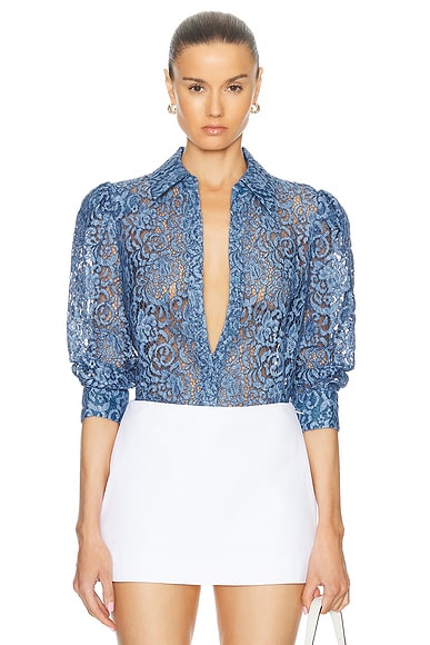 L'AGENCE Andrea 3/4 Sleeve Lace Blouse in Indigo Lace