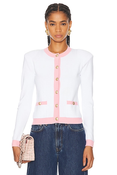 L'AGENCE Leon Crew Neck Cardigan in White & Cotton Candy