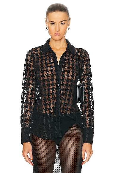 L'AGENCE Hailey Tall Cuff Shirt in Black Houndstooth