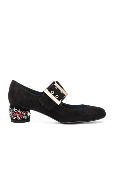 Embroidered Suede Mary Jane Pumps
