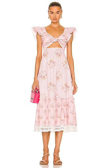 Loveshackfancy Emeka Floral Gingham Seersucker Midi Dress In Berry Picnic