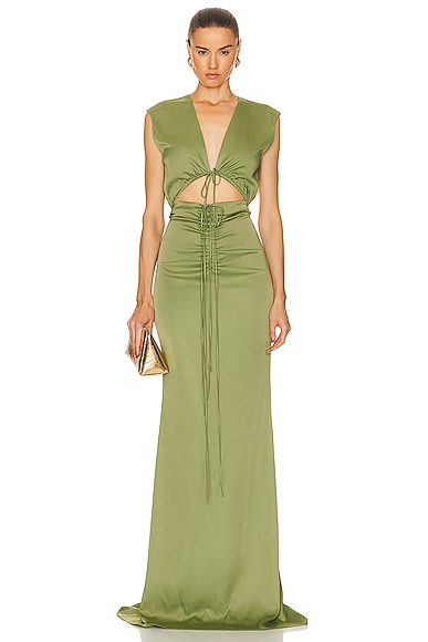 Shop Lapointe Stretch Satin Shirred V Neck Maxi Dress In Olive