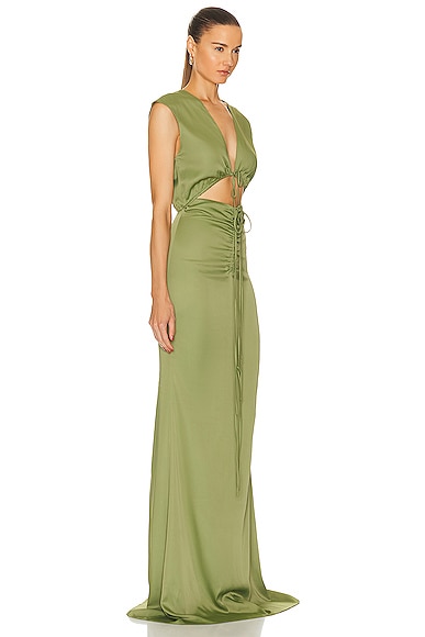 Shop Lapointe Stretch Satin Shirred V Neck Maxi Dress In Olive