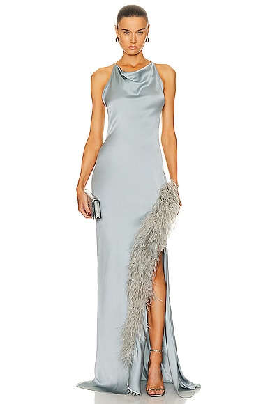 Lapointe Doubleface Satin Halter Cowl Neck Ostrich Gown in Dove