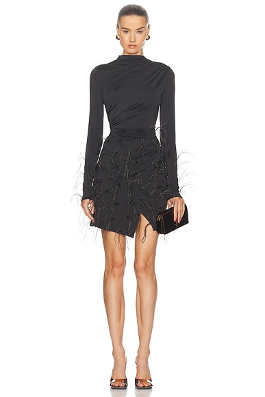 Lapointe Lightweight Jersey Long Sleeve Draped Ostrich Mini Dress in Cacao