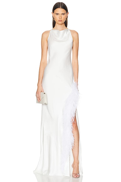 Lapointe Doubleface Satin Ostrich Halter Cowl Neck Gown in White