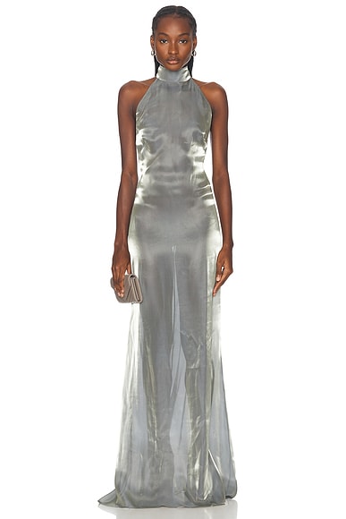 Metallic Organza Halter Open Back Gown