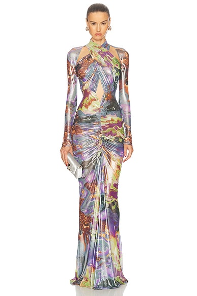 Printed Mesh Halter Ruched Gown