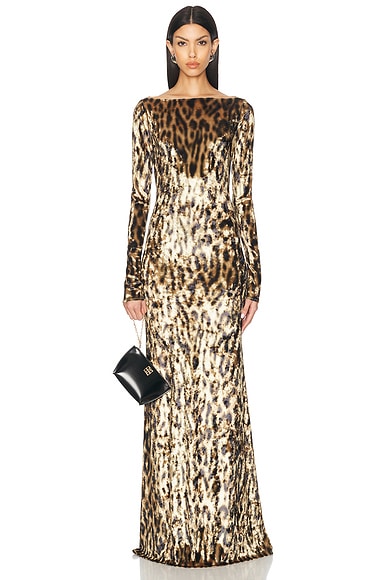 Lapointe Velvet Leopard Boatneck Gown in Leopard