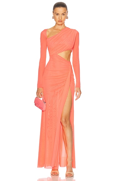 Mesh Asymmetric Cut Out Ruched Gown in Hot Pink