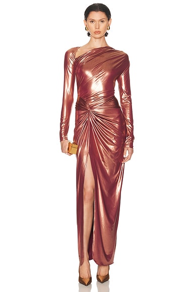 Coated Jersey Asymmetric Draped Sarong Dress
