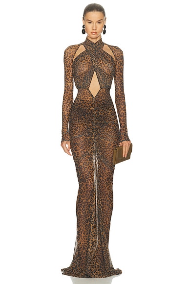 Printed Mesh Halter Ruched Gown
