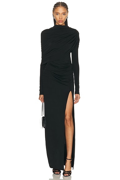 Lapointe Jersey Asymmetrical Shawl Draped Gown in Black