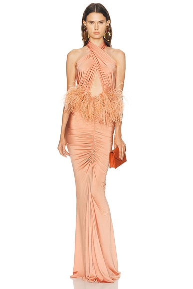 Lapointe Jersey Sleeveless Halter Ruched Gown With Feathers in Dune