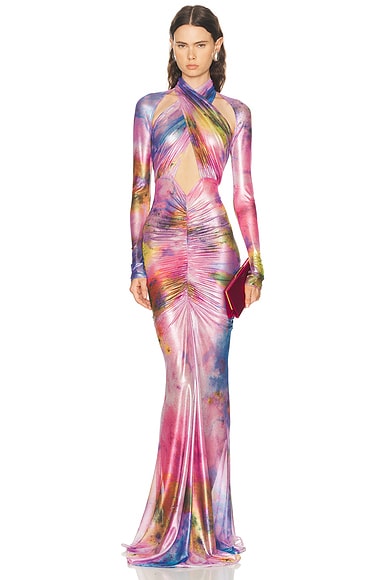 Printed Metallic Mesh Halter Ruched Gown