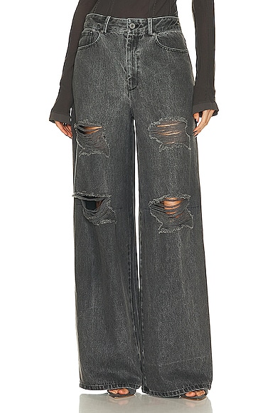 Washed Denim Distressed High Waist Jean in Charcoal