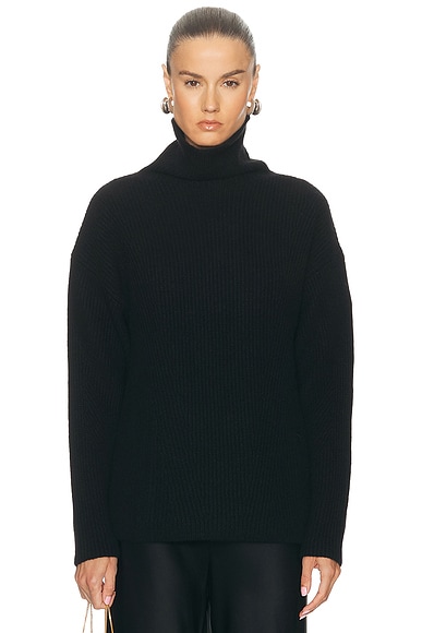 Lapointe Airy Cashmere Silk Ribbed Turtleneck Sweater in Black