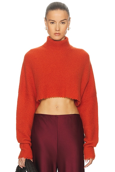 Airy Cashmere Silk Ribbed Fray Hem Crop Turtleneck Sweater