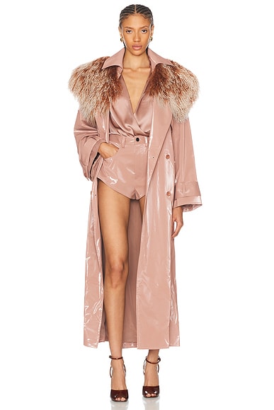 Lapointe Vinyl Double Breasted Shearling Trench Coat in Mauve