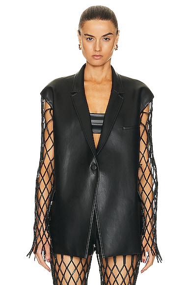 Lapointe Stretch Faux Leather Mesh Sleeved Wrap Blazer In Black