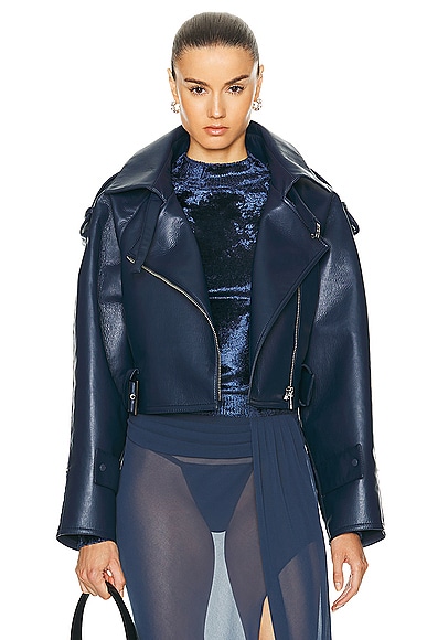 Bonded Faux Leather Belted Moto Jacket in Navy