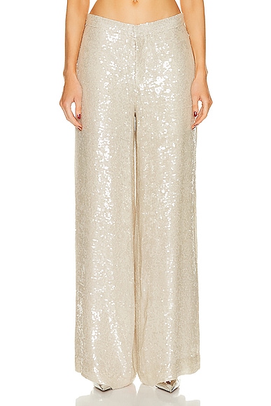 Sequin Viscose Relaxed Wide Leg Trouser in Metallic Silver