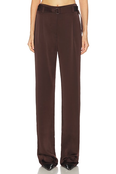 LaPointe Lightweight Satin High Waisted Belted Pant in Chocolate