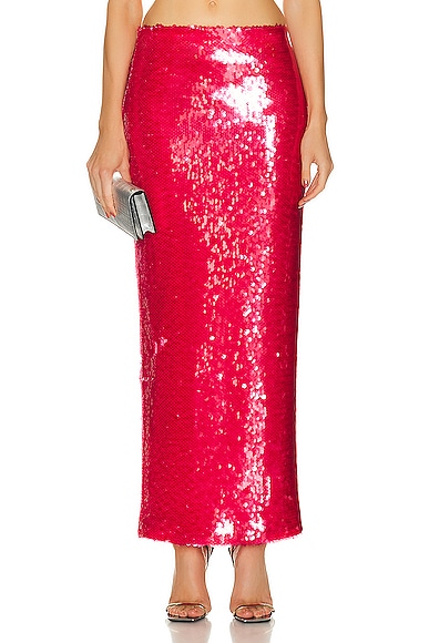 Stretch Sequin Long Pencil Skirt in Red