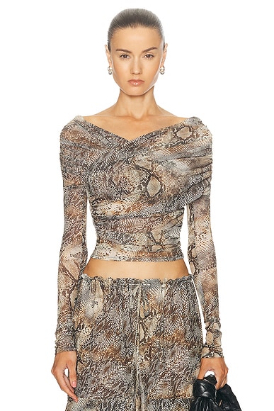 Printed Mesh Off Shoulder Wrap Top