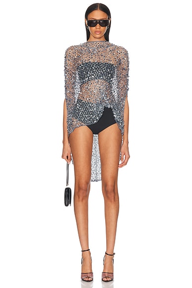 Net Mesh Sequin Oversized Cape Tee