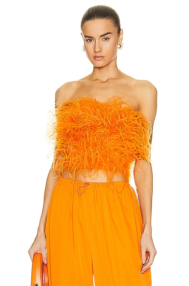 Lapointe Tube Top with Ostrich Feathers in Tangerine