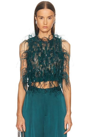 Lapointe Cascading Feather Emb Cropped Tank Top in Dark Teal