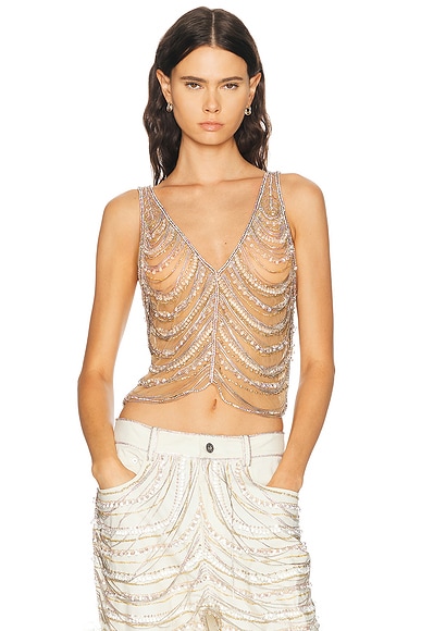 Draped Crystal Embroidery V Neck Tank Top