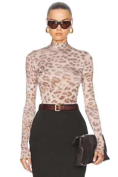 LaPointe Printed Jersey Mock Neck Bodysuit in Snow Leopard