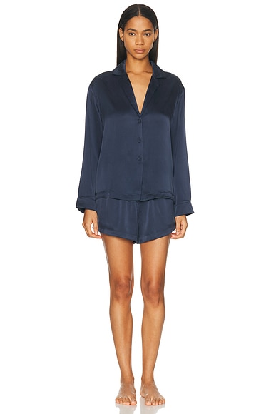 LUNYA Washable Silk Button Up Long Sleeve Short Pajama Set in Deep Blue