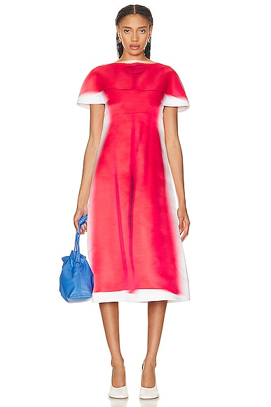 Loewe Blurred Print Boatneck Midi Dress In Red