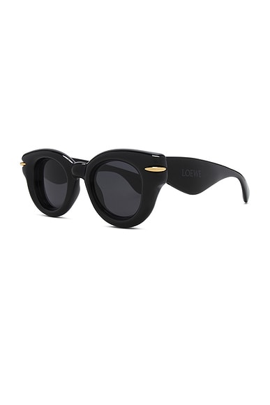 Loewe Inflated Lw 40118 I 01a Round Sunglasses In Shiny Black & Smoke