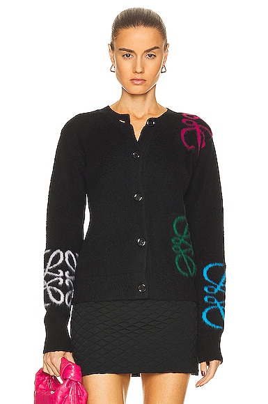 Loewe Anagram Intarsia Cardigan in Black & Multicolor | FWRD