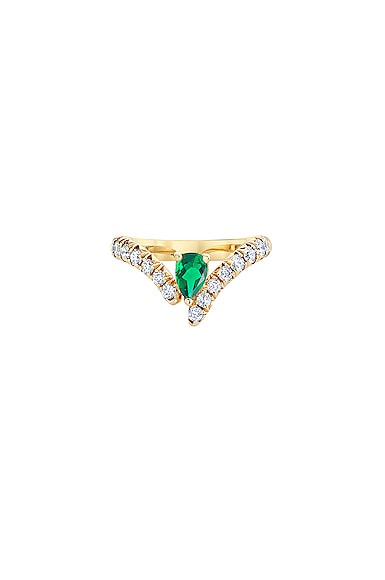 Logan Hollowell French Pave Diamond Tusk Ring in White Diamond, Emerald, & 14k Yellow Gold