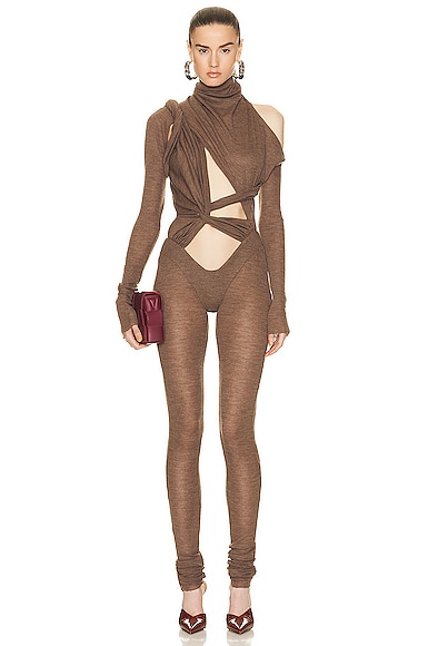 LaQuan Smith Hand Draped Geometric Jumpsuit in Brown
